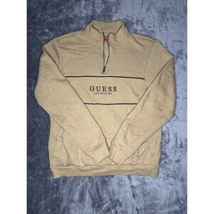 GUESS Los Angeles Half Zip Sweatshirt Small Tan Pullover Embroidered Logo
